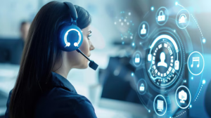 Woman with headset, virtual interface