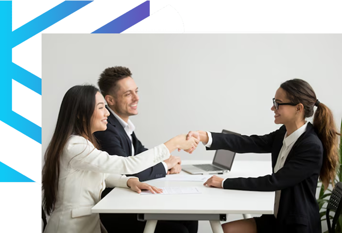 Business handshake, smiling people
