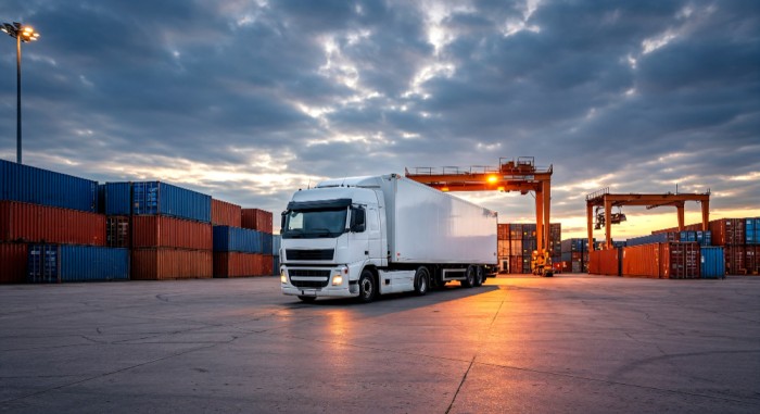 Semi-truck at the port during sunset