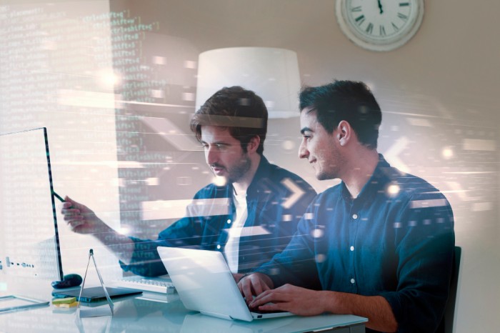 Two men working on laptop