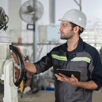 Worker in hardhat operating machinery